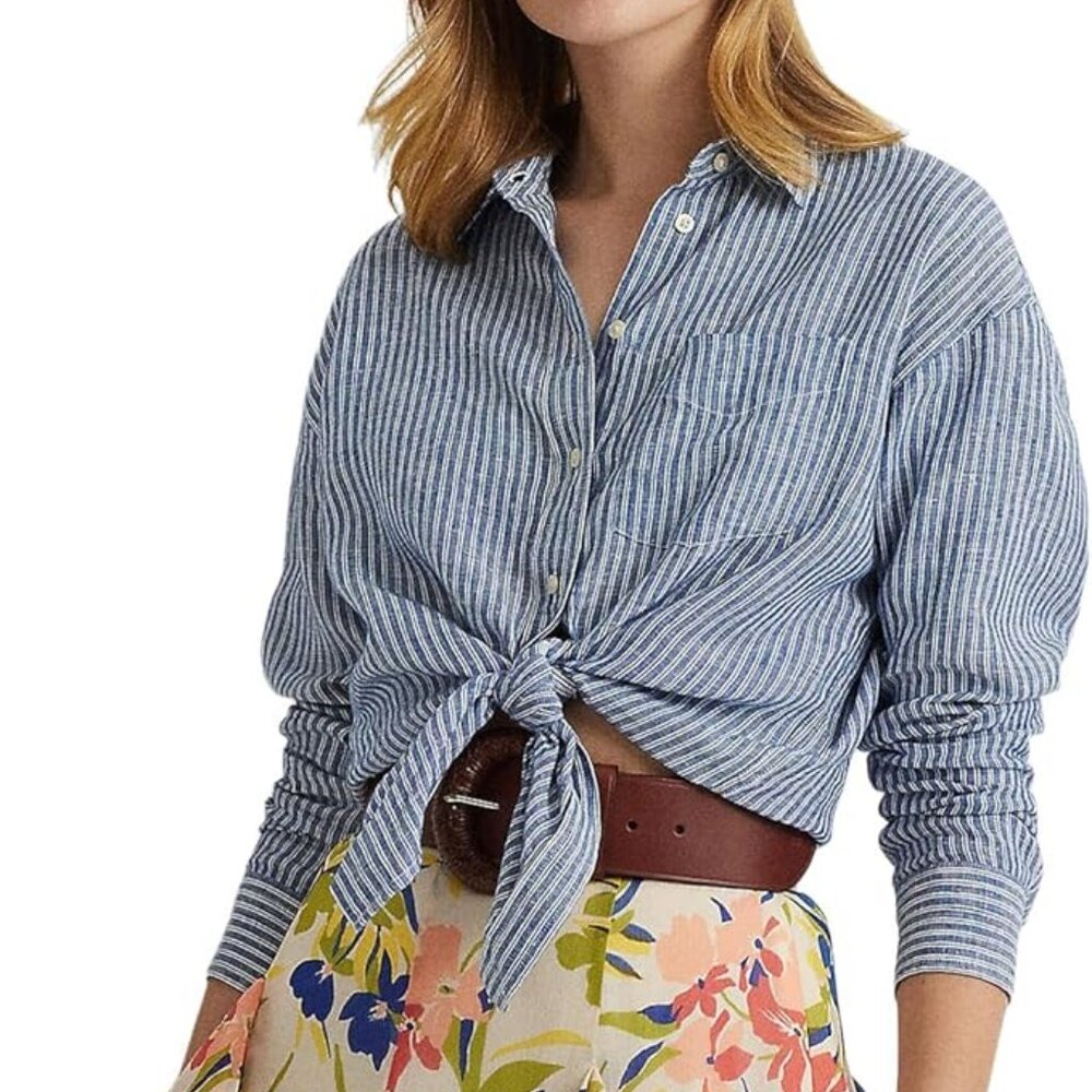 Lauren Ralph Lauren Petite Relaxed Fit Pinstripe Linen Shirt – PM